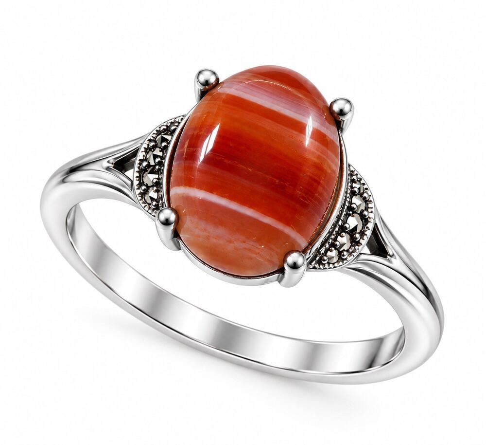 925 Sterling Silver Carnelian & Marcasites Ring Size 7